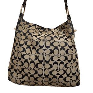 Coach Penelope Hobo Shoulder Bag Signature C Tan Trim Canvas Black Leather Flaws
